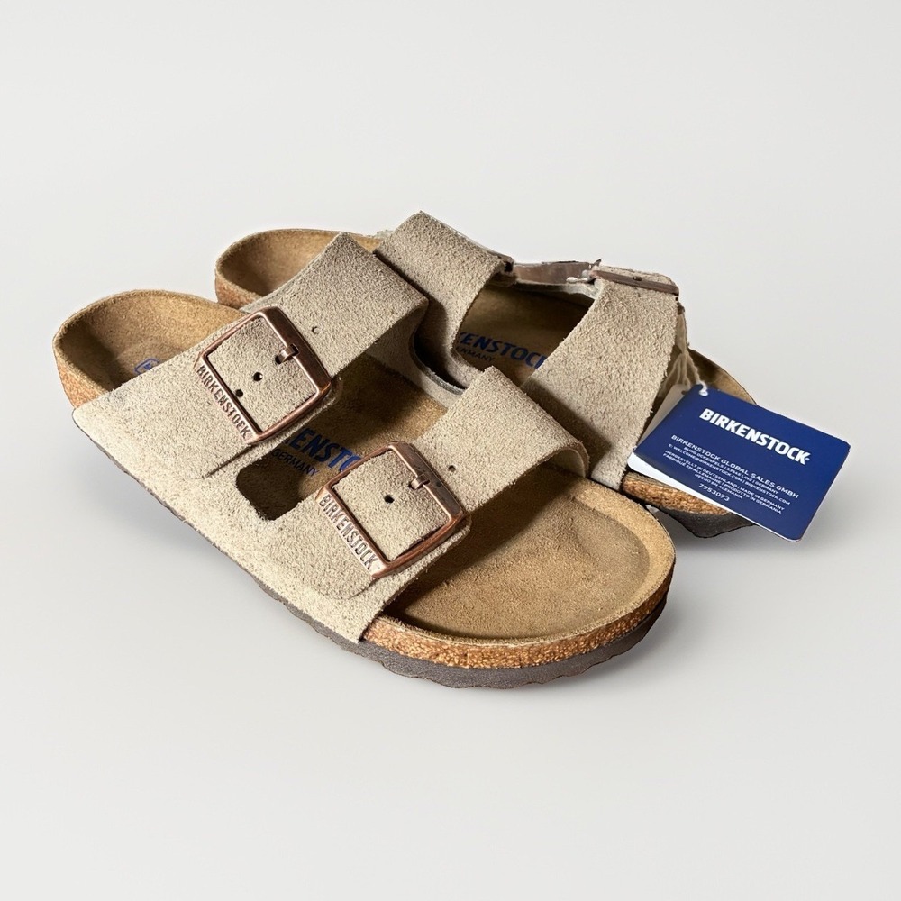 NWT Birkenstock Arizona Soft Footbed Buckle Slides Sandals Taupe 37 US Womens 6